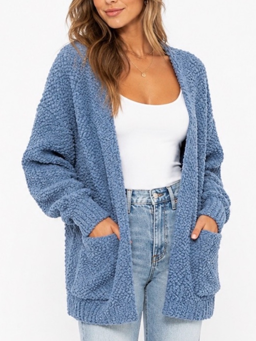 ZESICA Blue Popcorn Knit Open Front Cardigan Women’s Medium Cozy Soft Sweater